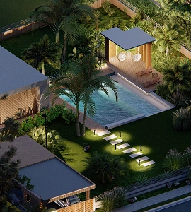 Diseño de piscina y pabellón con iluminación nocturna