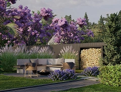 Vista nocturna del patio con iluminación ambiental