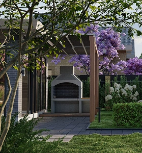 Vista diurna del quincho con parrilla y jacarandás floridos