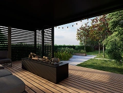 Vista nocturna del deck con iluminación