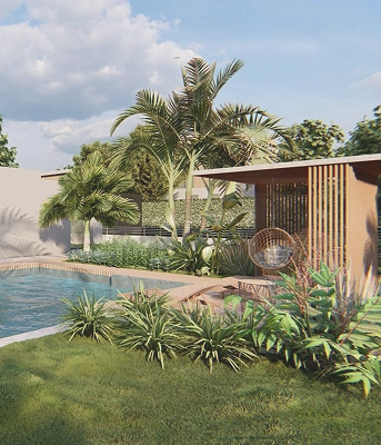 Espacio exterior con piscina y pabellón