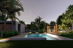 Vista nocturna de piscina iluminada con pabellón de madera y sillas colgantes