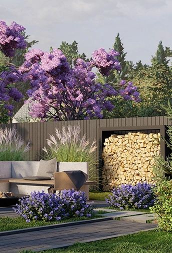 Zona de estar exterior con fogón y jardín de jacarandás