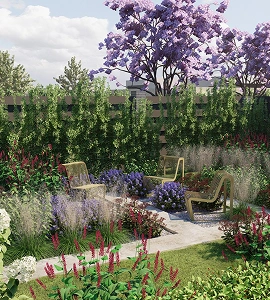 Zona de relax en jardín con butacas amarillas y vegetación colorida