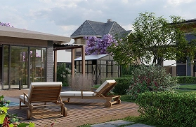 Área de relax exterior con deck de madera y reposeras