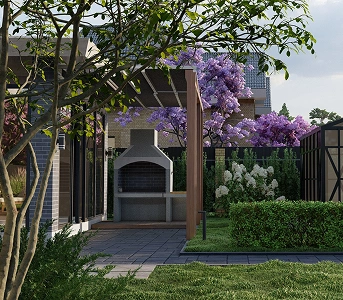 Zona de parrilla con pérgola e invernadero en jardín residencial