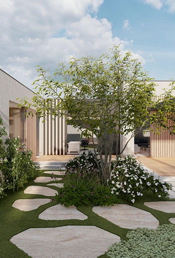 Patio moderno con sendero de piedra, jardín interior y pérgola