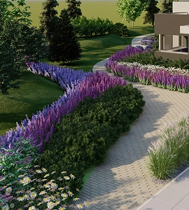 Camino de adoquines con borduras de lavanda y plantas ornamentales