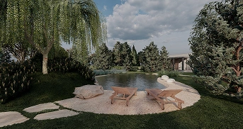 Estanque con playa de piedra, tumbonas de madera y vegetación paisajística