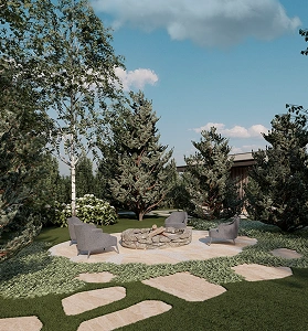 Área de reunión con hoguera de piedra y sillones en jardín arbolado