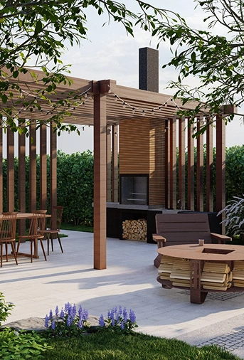 Área de asado cubierta con pérgola, mesa de comedor y zona de fogón