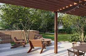 Pérgola de madera con luces, sillones y mesa de fogón en jardín con árboles