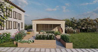 Jardín con huerta en cajones de madera, invernadero y zona de relax